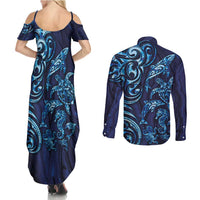 New Zealand Connecting with Seas Couples Matching Summer Maxi Dress and Long Sleeve Button Shirt Maori Tribal and Sea Animals Tattoo - Sea Texture Glass Style