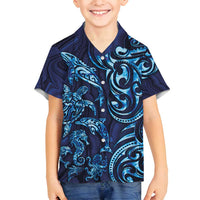 New Zealand Connecting with Seas Family Matching Summer Maxi Dress and Hawaiian Shirt Maori Tribal and Sea Animals Tattoo - Sea Texture Glass Style