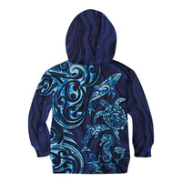 New Zealand Connecting with Seas Kid Hoodie Maori Tribal and Sea Animals Tattoo - Sea Texture Glass Style
