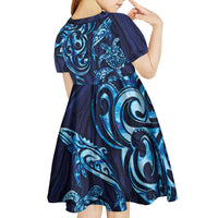 New Zealand Connecting with Seas Kid Short Sleeve Dress Maori Tribal and Sea Animals Tattoo - Sea Texture Glass Style