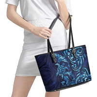 New Zealand Connecting with Seas Leather Tote Bag Maori Tribal and Sea Animals Tattoo - Sea Texture Glass Style
