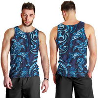 New Zealand Connecting with Seas Men Tank Top Maori Tribal and Sea Animals Tattoo - Sea Texture Glass Style