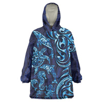 New Zealand Connecting with Seas Wearable Blanket Hoodie Maori Tribal and Sea Animals Tattoo - Sea Texture Glass Style