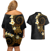 Polynesian Spiral Tribal Tattoo Couples Matching Off Shoulder Short Dress and Hawaiian Shirt Golden Color