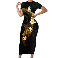 Polynesian Spiral Tribal Tattoo Family Matching Short Sleeve Bodycon Dress and Hawaiian Shirt Golden Color