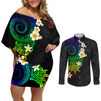Polynesian Spiral Tribal Tattoo Couples Matching Off Shoulder Short Dress and Long Sleeve Button Shirt Fanciful Color