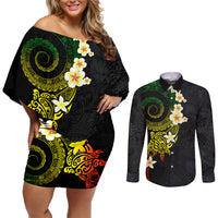 Polynesian Spiral Tribal Tattoo Couples Matching Off Shoulder Short Dress and Long Sleeve Button Shirt Reggae Color LT03 Reggae - Polynesian Pride