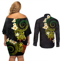 Polynesian Spiral Tribal Tattoo Couples Matching Off Shoulder Short Dress and Long Sleeve Button Shirt Reggae Color LT03 - Polynesian Pride