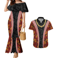 Hawaii Lei and Hibiscus Flowers Tribal Couples Matching Mermaid Dress and Hawaiian Shirt Patchwork Abstract Vintage LT03 Red - Polynesian Pride