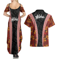 Hawaii Lei and Hibiscus Flowers Tribal Couples Matching Summer Maxi Dress and Hawaiian Shirt Patchwork Abstract Vintage