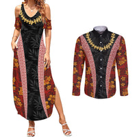 Hawaii Lei and Hibiscus Flowers Tribal Couples Matching Summer Maxi Dress and Long Sleeve Button Shirt Patchwork Abstract Vintage LT03 Red - Polynesian Pride
