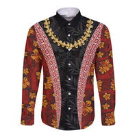 Hawaii Lei and Hibiscus Flowers Tribal Long Sleeve Button Shirt Patchwork Abstract Vintage LT03 Unisex Red - Polynesian Pride