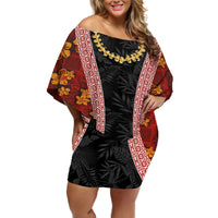 Hawaii Lei and Hibiscus Flowers Tribal Off Shoulder Short Dress Patchwork Abstract Vintage LT03 Women Red - Polynesian Pride