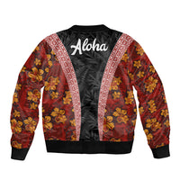 Hawaii Lei and Hibiscus Flowers Tribal Sleeve Zip Bomber Jacket Patchwork Abstract Vintage