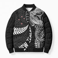 Aotearoa Volleyball Custom Bomber Puffer Jacket Silver Ferns and Maori Tribal Black