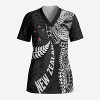 Aotearoa Volleyball Custom Scrub Top Silver Ferns and Maori Tribal Black LT03 Adult Black - Polynesian Pride