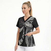 Aotearoa Volleyball Custom Scrub Top Silver Ferns and Maori Tribal Black LT03 - Polynesian Pride