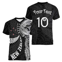 Aotearoa Volleyball Custom Women V-Neck T-Shirt Silver Ferns and Maori Tribal Black