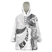 Aotearoa Volleyball Custom Wearable Blanket Hoodie Silver Ferns and Maori Tribal White