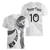 Aotearoa Volleyball Custom Women V-Neck T-Shirt Silver Ferns and Maori Tribal White