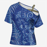New Zealand Sea Animals Cross Shoulder Shirt with Maori Koru Tribal Tattoo and Silver Ferns Aquatic Style