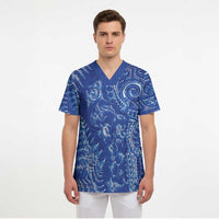 New Zealand Sea Animals Scrub Top with Maori Koru Tribal Tattoo and Silver Ferns Aquatic Style