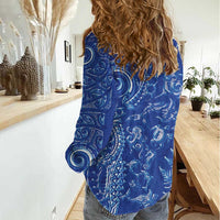 New Zealand Sea Animals Women Casual Shirt with Maori Koru Tribal Tattoo and Silver Ferns Aquatic Style