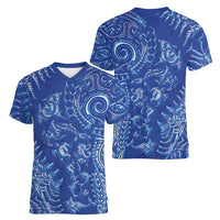 New Zealand Sea Animals Women V-Neck T-Shirt with Maori Koru Tribal Tattoo and Silver Ferns Aquatic Style