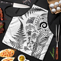 New Zealand Sea Animals Apron with Maori Koru Tribal Tattoo and Silver Ferns White Color