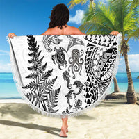 New Zealand Sea Animals Beach Blanket with Maori Koru Tribal Tattoo and Silver Ferns White Color