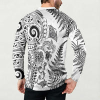 New Zealand Sea Animals Button Sweatshirt with Maori Koru Tribal Tattoo and Silver Ferns White Color