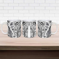 New Zealand Sea Animals Ceramic Mug with Maori Koru Tribal Tattoo and Silver Ferns White Color