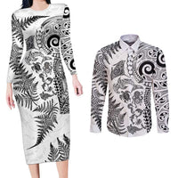 New Zealand Sea Animals Couples Matching Long Sleeve Bodycon Dress and Long Sleeve Button Shirt with Maori Koru Tribal Tattoo and Silver Ferns White Color LT03 White - Polynesian Pride