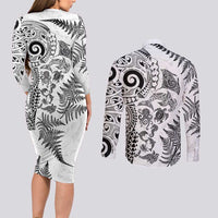 New Zealand Sea Animals Couples Matching Long Sleeve Bodycon Dress and Long Sleeve Button Shirt with Maori Koru Tribal Tattoo and Silver Ferns White Color LT03 - Polynesian Pride