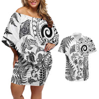 New Zealand Sea Animals Couples Matching Off Shoulder Short Dress and Hawaiian Shirt with Maori Koru Tribal Tattoo and Silver Ferns White Color LT03 White - Polynesian Pride