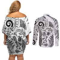 New Zealand Sea Animals Couples Matching Off Shoulder Short Dress and Long Sleeve Button Shirt with Maori Koru Tribal Tattoo and Silver Ferns White Color