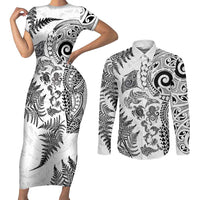 New Zealand Sea Animals Couples Matching Short Sleeve Bodycon Dress and Long Sleeve Button Shirt with Maori Koru Tribal Tattoo and Silver Ferns White Color LT03 White - Polynesian Pride