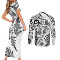 New Zealand Sea Animals Couples Matching Short Sleeve Bodycon Dress and Long Sleeve Button Shirt with Maori Koru Tribal Tattoo and Silver Ferns White Color LT03 - Polynesian Pride