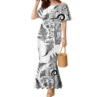 New Zealand Sea Animals Family Matching Mermaid Dress and Hawaiian Shirt with Maori Koru Tribal Tattoo and Silver Ferns White Color LT03 Mom's Dress White - Polynesian Pride