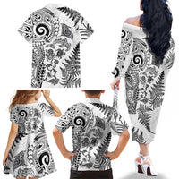 New Zealand Sea Animals Family Matching Off The Shoulder Long Sleeve Dress and Hawaiian Shirt with Maori Koru Tribal Tattoo and Silver Ferns White Color