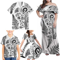 New Zealand Sea Animals Family Matching Off Shoulder Maxi Dress and Hawaiian Shirt with Maori Koru Tribal Tattoo and Silver Ferns White Color LT03 - Polynesian Pride