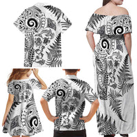 New Zealand Sea Animals Family Matching Off Shoulder Maxi Dress and Hawaiian Shirt with Maori Koru Tribal Tattoo and Silver Ferns White Color LT03 - Polynesian Pride
