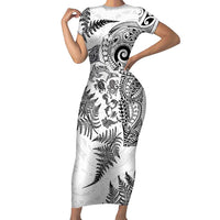 New Zealand Sea Animals Family Matching Short Sleeve Bodycon Dress and Hawaiian Shirt with Maori Koru Tribal Tattoo and Silver Ferns White Color LT03 Mom's Dress White - Polynesian Pride