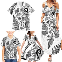 New Zealand Sea Animals Family Matching Summer Maxi Dress and Hawaiian Shirt with Maori Koru Tribal Tattoo and Silver Ferns White Color