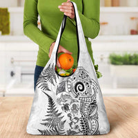 New Zealand Sea Animals Grocery Bag with Maori Koru Tribal Tattoo and Silver Ferns White Color