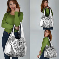 New Zealand Sea Animals Grocery Bag with Maori Koru Tribal Tattoo and Silver Ferns White Color