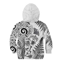 New Zealand Sea Animals Kid Hoodie with Maori Koru Tribal Tattoo and Silver Ferns White Color
