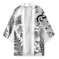 New Zealand Sea Animals Kimono with Maori Koru Tribal Tattoo and Silver Ferns White Color