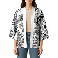 New Zealand Sea Animals Kimono with Maori Koru Tribal Tattoo and Silver Ferns White Color