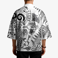 New Zealand Sea Animals Kimono with Maori Koru Tribal Tattoo and Silver Ferns White Color